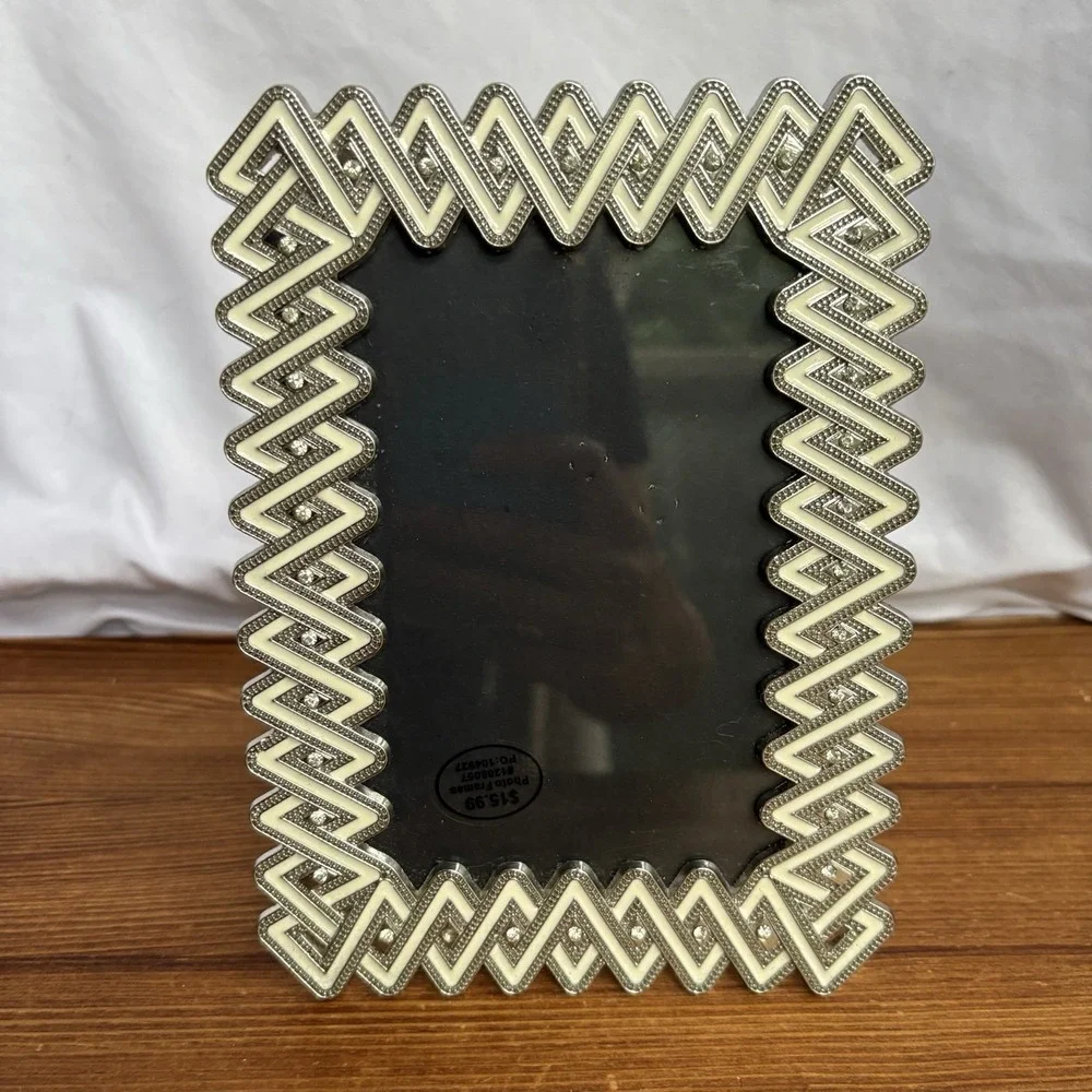 Decorative Rhinestone Photo Frame Silver Tone Cream Geometric Art Deco Style 4x6